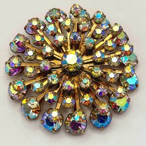 Vintage MCM Aurora borealis Rainbow Rhinestones Atomic Sunburst Brooch Pin